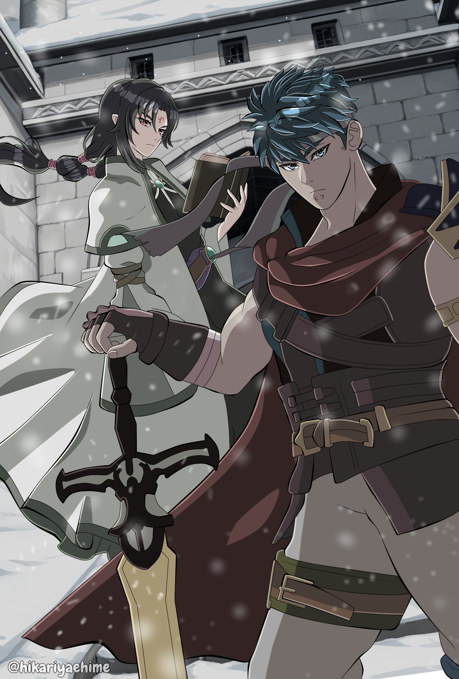 hikariyaehime, ike (fire emblem), soren (fire emblem), soren (radiant confidant) (fire emblem), fire emblem, fire emblem: radiant dawn, nintendo, commentary, english commentary, highres, 2boys, black hair, blue eyes, blue hair, book, cape, capelet, facial mark, forehead mark, hand on hilt, holding, holding book, long hair, looking at viewer, male focus, multiple boys, official alternate costume, ragnell, red eyes, short hair, snowing, sword, twitter username, weapon