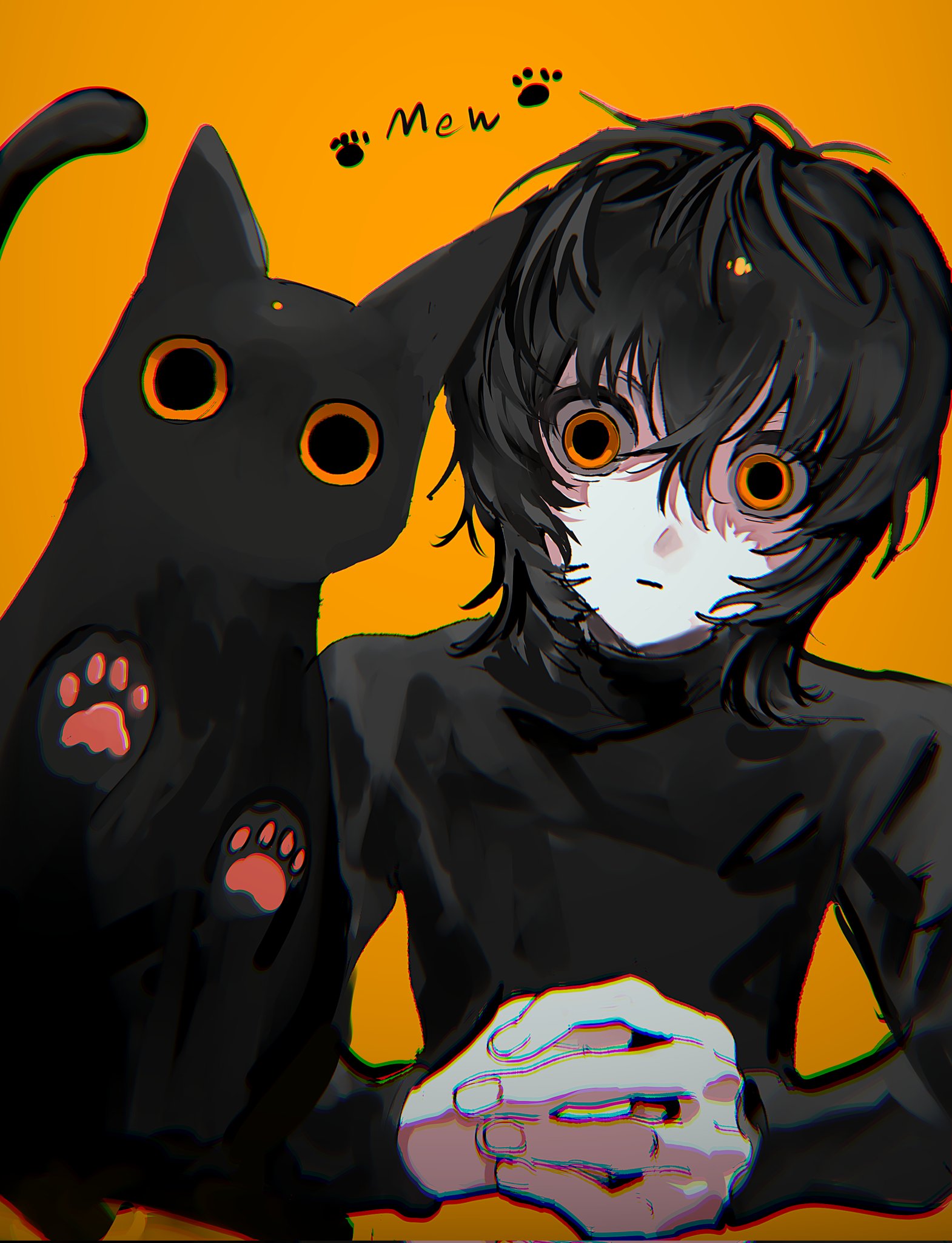 decided 218, original, highres, 1other, androgynous, animal, animal hands, black cat, black hair, black shirt, cat, cat paws, long sleeves, orange background, orange eyes, paw print, shirt, short hair