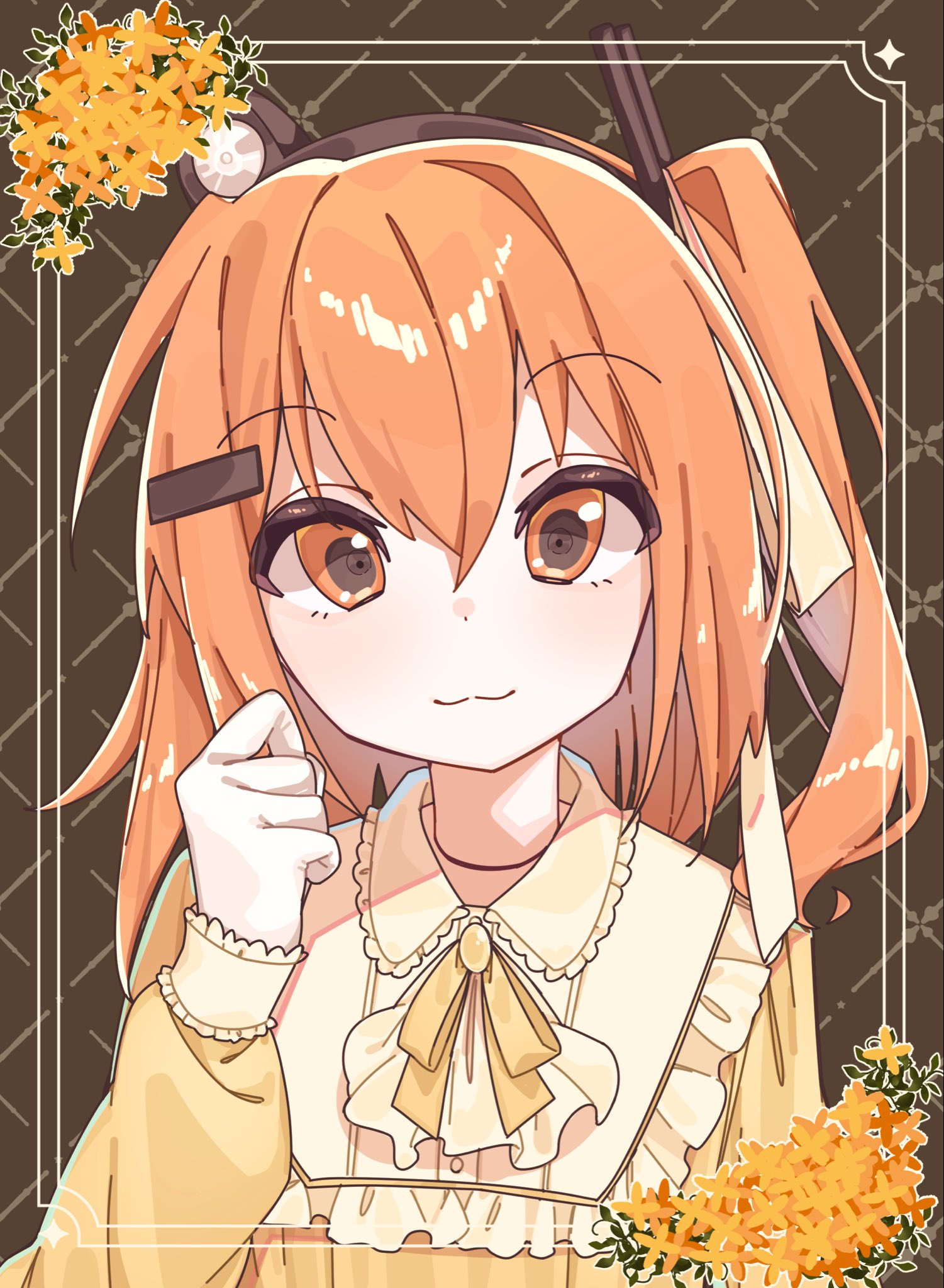 hamano yui, adachi rei, a.i. voice, utau, commentary, highres, 1girl, alternate costume, brown background, closed mouth, dress, gold osmanthus, hand up, inset border, long sleeves, looking at viewer, neck ribbon, one side up, orange eyes, orange hair, ribbon, solo, upper body, yellow dress