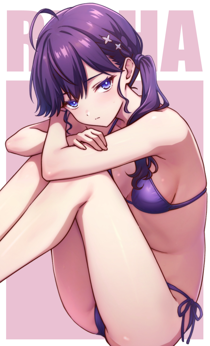 ryusei2u, kaya rinha, gakuen idolmaster, idolmaster, commentary, highres, 1girl, ahoge, alternate costume, ass, bare arms, bare legs, bikini, braid, breasts, bright pupils, crossed arms, feet out of frame, knees up, legs together, looking at viewer, purple bikini, purple eyes, purple hair, side-tie bikini bottom, sitting, small breasts, solo, string bikini, swimsuit, white pupils