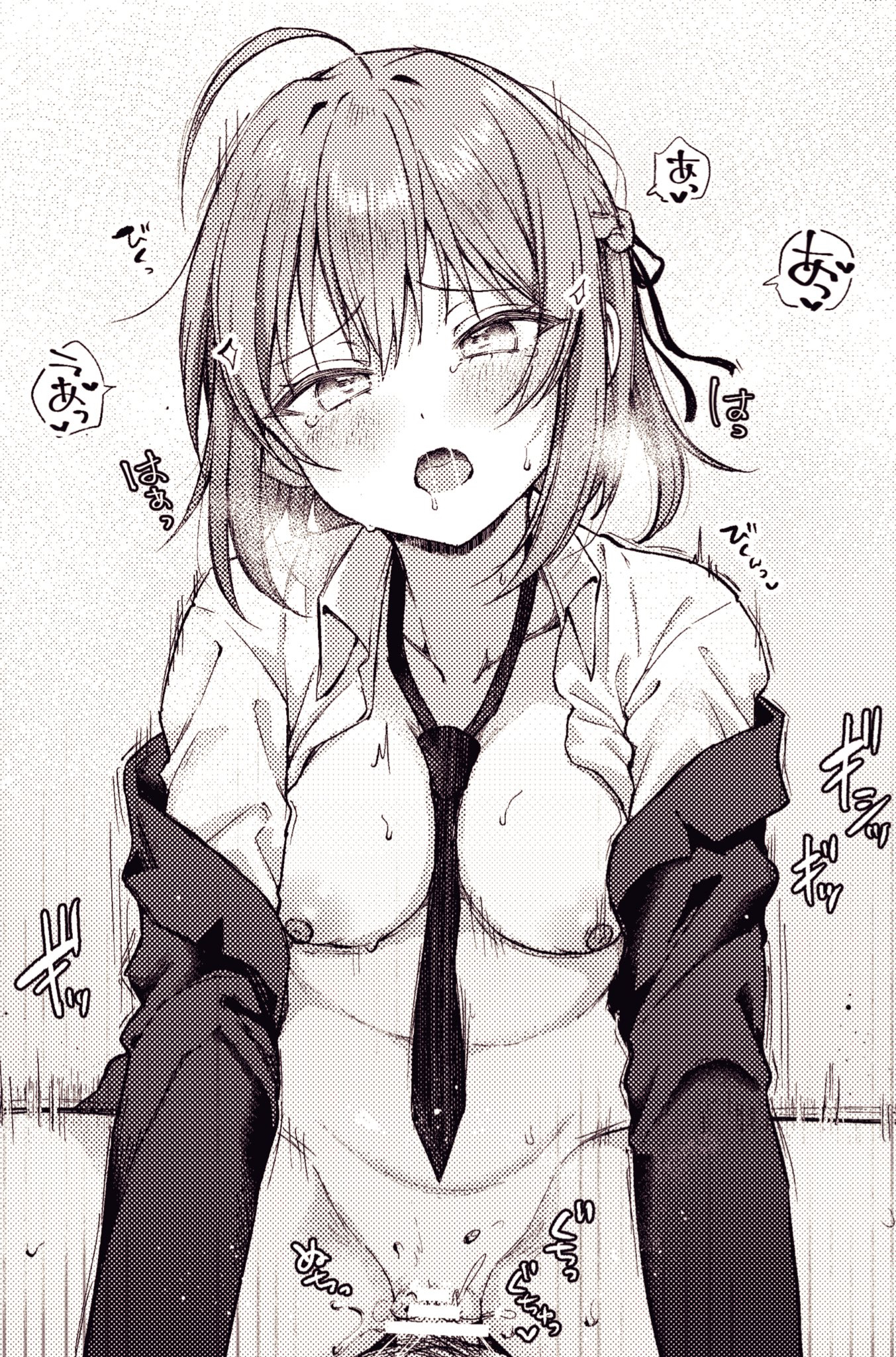 takio (kani sama), konoe subaru, mayo chiki!, commentary, english commentary, highres, 1boy, 1girl, ahoge, arm support, bar censor, between breasts, blush, breasts, censored, clothed sex, collarbone, collared shirt, cowboy shot, cowgirl position, furrowed brow, grey background, greyscale, groin, hair between eyes, heart, heavy breathing, hetero, jacket, leaning forward, long sleeves, looking at viewer, medium breasts, medium hair, moaning, monochrome, motion lines, necktie, necktie between breasts, nipples, open clothes, open jacket, open mouth, open shirt, pov, pov crotch, saliva, sex, shirt, simple background, solo focus, sound effects, speech bubble, straddling, straight-on, tears, tsurime, vaginal