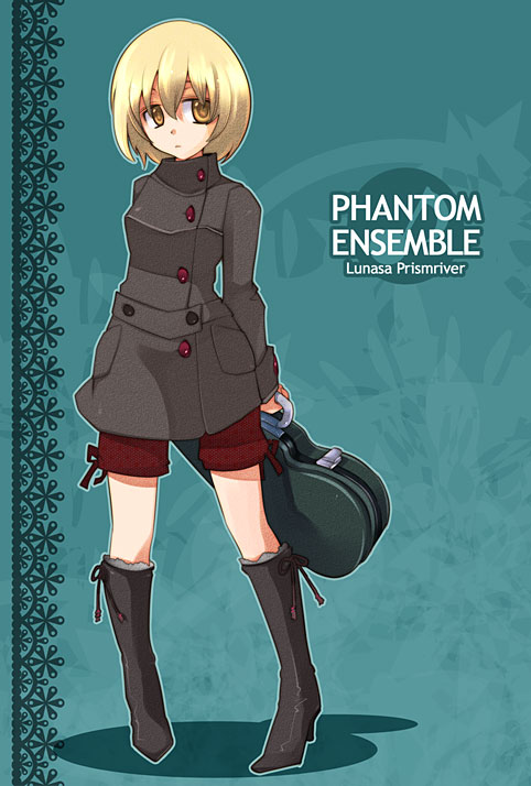 inuinui, lunasa prismriver, touhou, 1girl, alternate costume, blonde hair, boots, brown boots, buttons, casual, coat, contemporary, contrapposto, female focus, guitar case, holding, instrument case, knee boots, long sleeves, looking at viewer, shorts, solo, standing