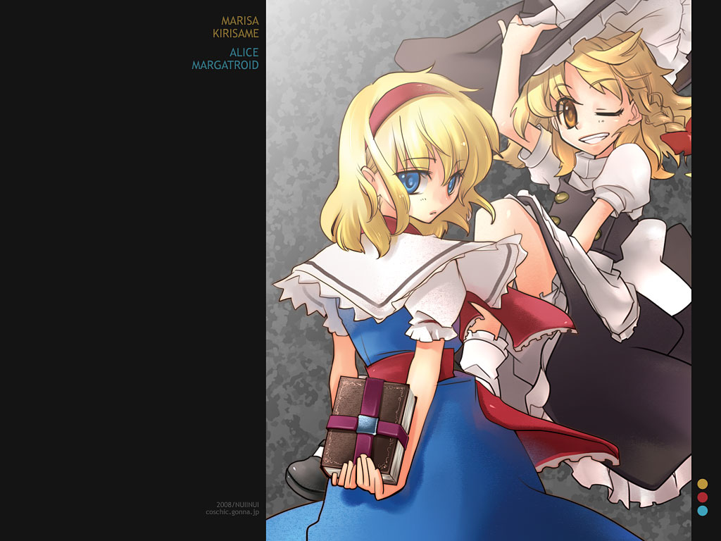 inuinui, alice margatroid, kirisame marisa, touhou, 2girls, apron, blonde hair, blue eyes, book, braid, brown eyes, capelet, female focus, grimoire, hat, looking at viewer, multiple girls, outstretched arms, puffy short sleeves, puffy sleeves, short hair, short sleeves, single braid, spread arms, waist apron, witch hat