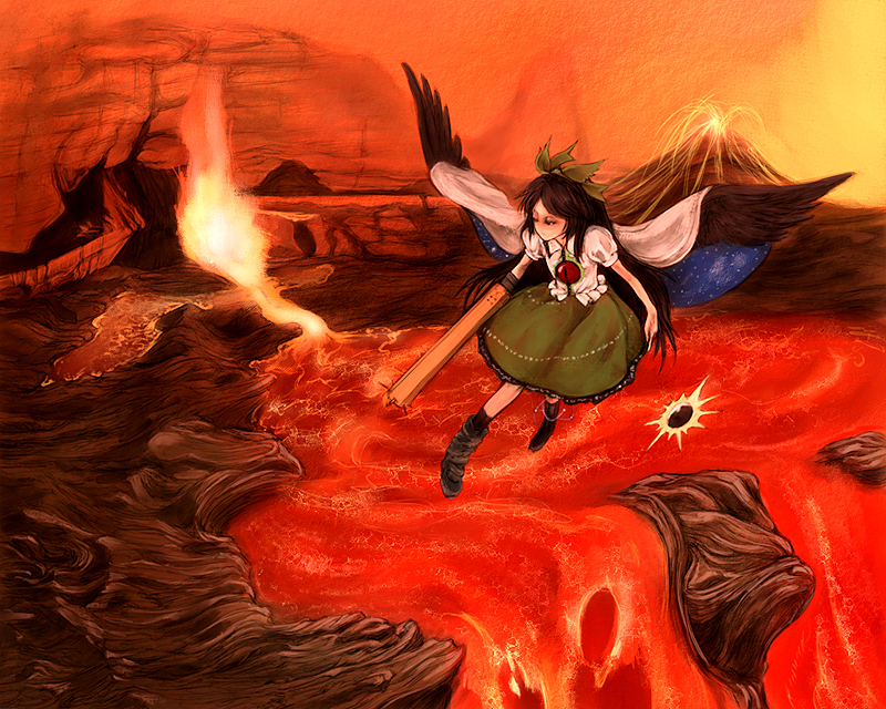 cervus, reiuji utsuho, touhou, 1girl, arm cannon, black hair, black sun, black wings, bow, cape, female focus, fire, hair bow, lava, long hair, skirt, solo, sun, third eye, volcano, weapon, wings