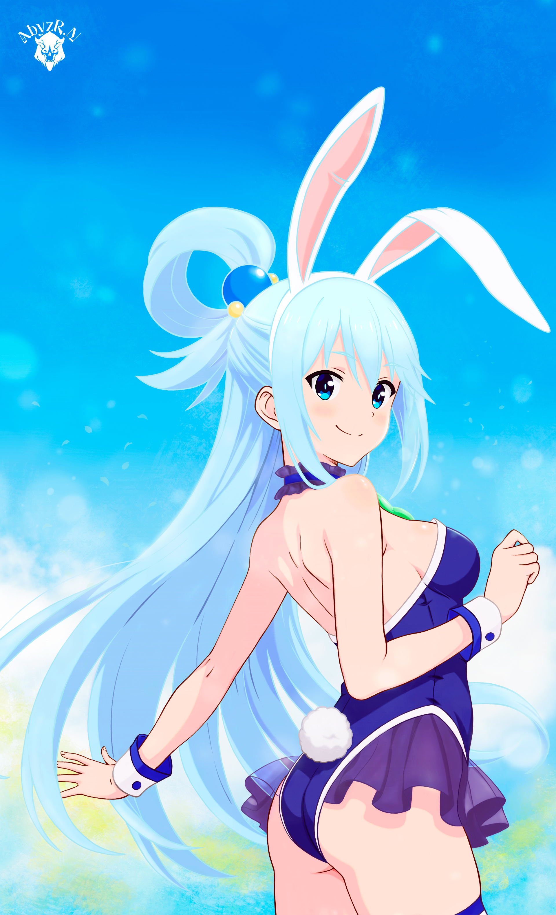 abyzr.n, aqua (konosuba), kono subarashii sekai ni shukufuku wo!, absurdres, highres, 1girl, alternate costume, animal ears, aqua hair, ass, back, backless leotard, bare shoulders, blue choker, blue eyes, blue leotard, breasts, choker, dot nose, fake animal ears, fake tail, frilled choker, frilled leotard, frills, from behind, hair ornament, hair rings, highleg, highleg leotard, leotard, light blush, long hair, looking at viewer, medium breasts, outstretched arm, playboy bunny, rabbit ears, rabbit tail, sidelocks, single hair ring, smile, solo, sphere hair ornament, tail, white wrist cuffs, wrist cuffs