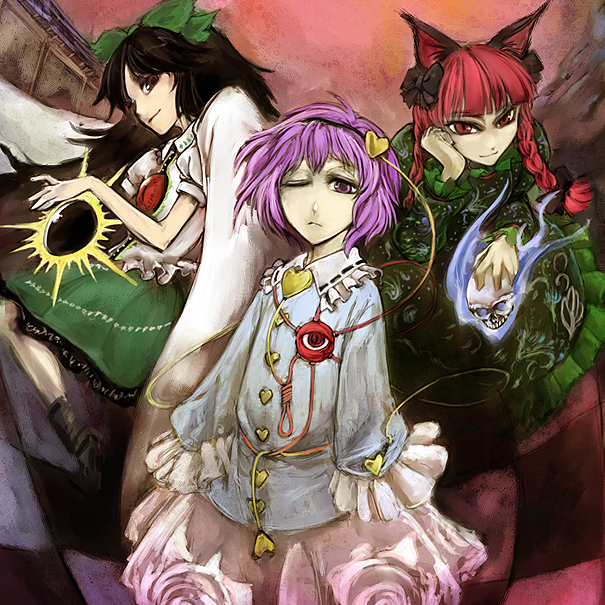 cervus, kaenbyou rin, komeiji satori, reiuji utsuho, touhou, 3girls, animal ears, black hole, bow, braid, brown hair, cat ears, cat girl, cloak, dress, energy, expressionless, female focus, frills, hair bow, hairband, head rest, heart, long hair, looking at viewer, multiple girls, multiple hair bows, one eye closed, purple eyes, purple hair, red eyes, red hair, short hair, skirt, skull, smile, third eye, twin braids
