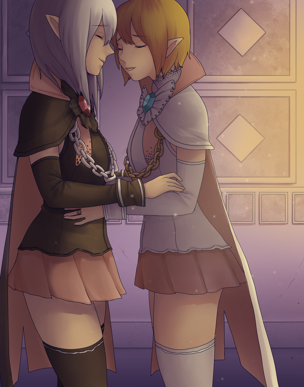 raripop, iris blanche, iris noire, rune factory, rune factory frontier, commentary, english commentary, highres, 2girls, black cape, black capelet, black thighhighs, blonde hair, cape, capelet, chain, closed eyes, dated commentary, grey hair, multiple girls, parted lips, pink skirt, pleated skirt, pointy ears, skirt, smile, straight hair, thighhighs, white cape, white capelet, white thighhighs