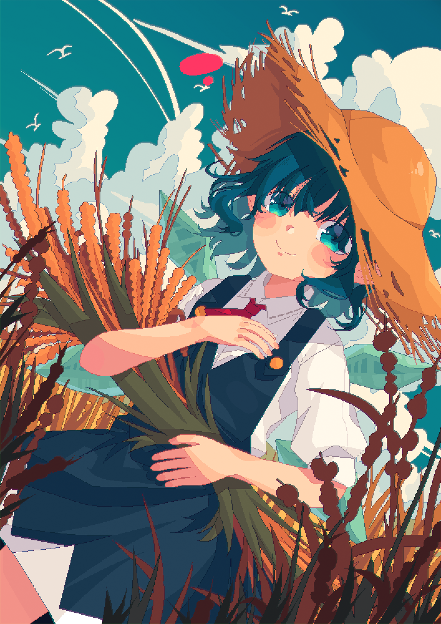 penglai tea, cirno, touhou, commentary, highres, 1girl, ascot, blue dress, blue eyes, blue hair, blue sky, blush, buttons, cloud, contrail, cowboy shot, dress, hat, holding, holding plant, ice, ice wings, medium hair, pixel art, plant, red ascot, shirt, short sleeves, simple bird, sky, smile, solo, split mouth, straw hat, wheat, wheat field, white shirt, wings