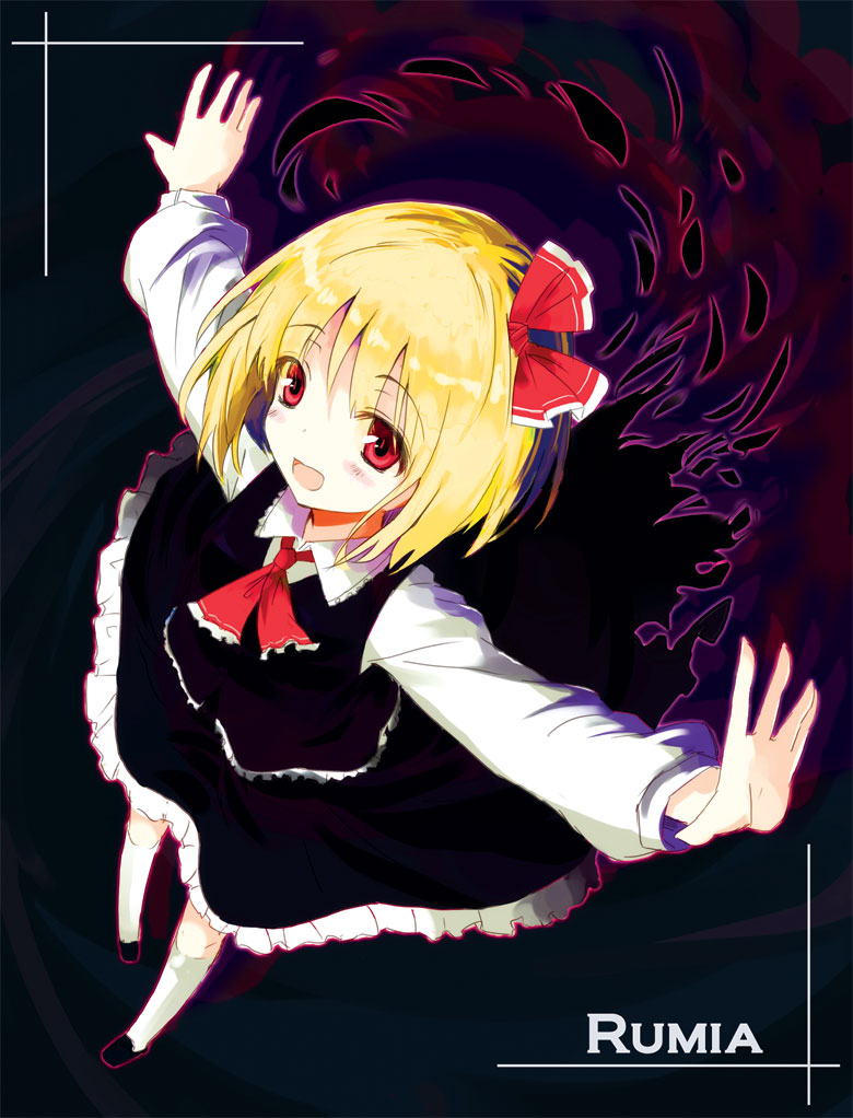 gotyou, rumia, embodiment of scarlet devil, touhou, 1girl, blonde hair, character name, darkness, female focus, hair ribbon, necktie, outstretched arms, red eyes, ribbon, short hair, solo, spread arms