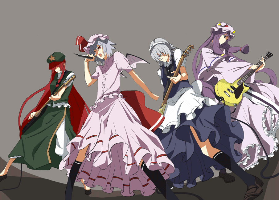 kajiki, hong meiling, izayoi sakuya, patchouli knowledge, remilia scarlet, touhou, 4girls, band (music), bass guitar, dress, electric guitar, female focus, gibson les paul, guitar, hat, instrument, maid, microphone, multiple girls, skirt