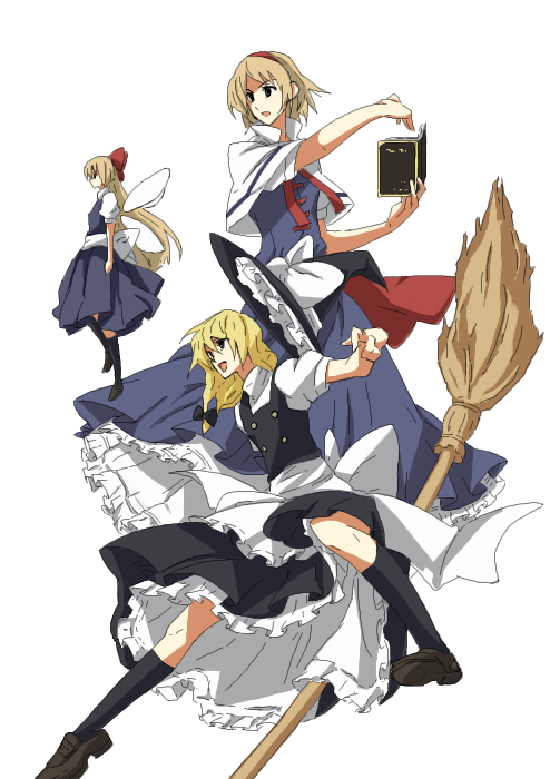 kajiki, alice margatroid, kirisame marisa, shanghai doll, touhou, black legwear, 2girls, apron, blonde hair, book, bow, broom, broom riding, capelet, female focus, floating, hair bow, hat, holding, holding book, loafers, long hair, multiple girls, shoes, short hair, skirt, skirt set, very long hair, waist apron, witch hat
