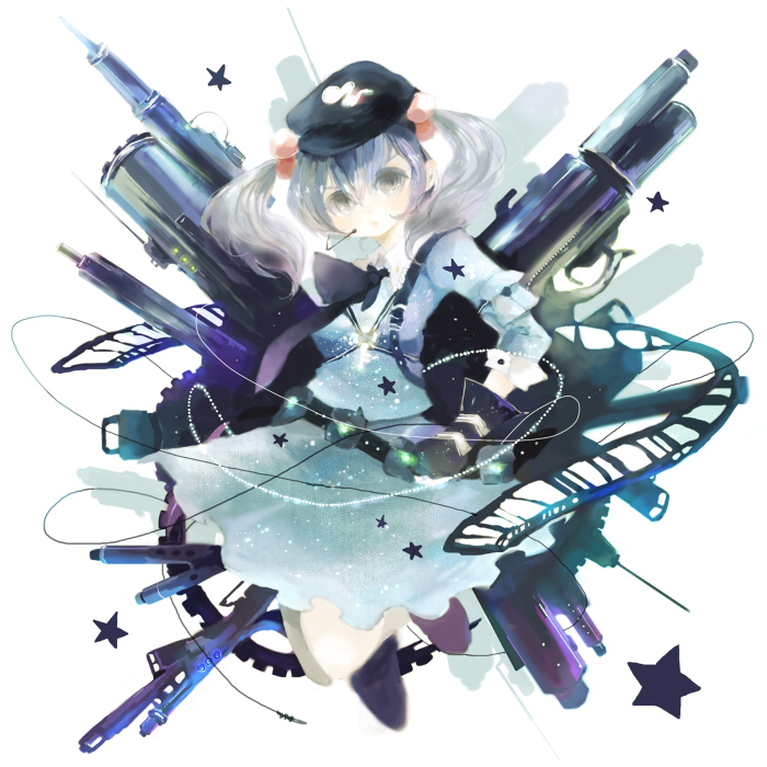 az, azuma aya, kawashiro nitori, touhou, 1girl, ascot, blue eyes, blue hair, dress, female focus, gears, hair bobbles, hair ornament, light bulb, machinery, matching hair/eyes, short hair, solo, star (symbol), twintails