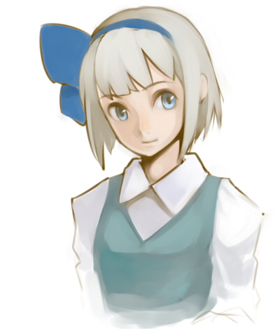 mugishima orie, konpaku youmu, touhou, lowres, 1girl, blunt bangs, collared shirt, dress, female focus, green dress, green eyes, hairband, long sleeves, looking at viewer, shirt, simple background, solo, white background