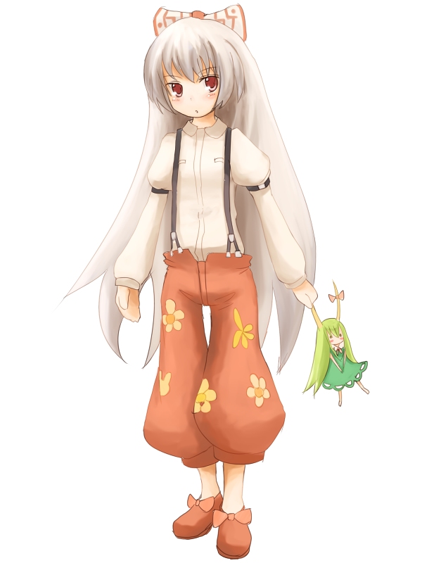 kokotetsu, ex-keine, fujiwara no mokou, kamishirasawa keine, touhou, 1girl, bow, buckle, character doll, doll, female focus, full body, hair bow, holding, long hair, looking at viewer, no socks, ofuda, pants, shoes, simple background, slippers, solo, standing, suspenders, very long hair, white background