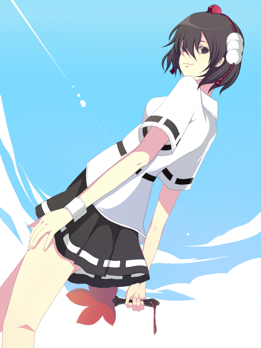 harano, shameimaru aya, touhou, 1girl, black hair, black skirt, blue sky, day, female focus, from behind, hand fan, hat, holding, looking at viewer, pleated skirt, pom pom (clothes), red eyes, short hair, skirt, sky, solo, tokin hat