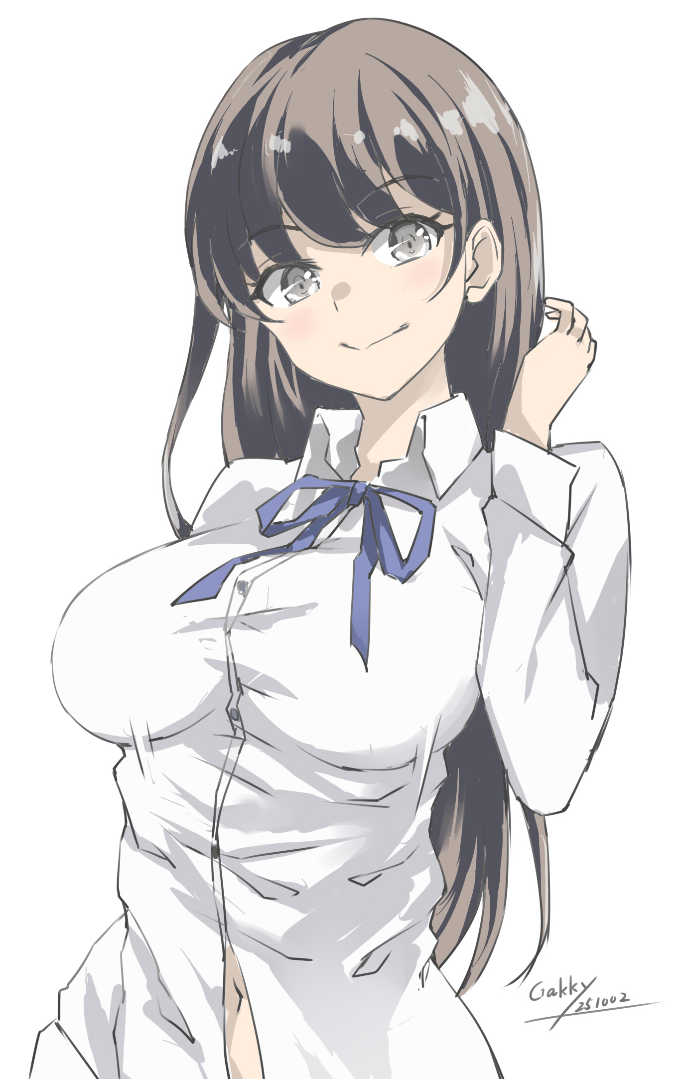 gakky, hayashio (kancolle), kantai collection, highres, 1girl, artist name, black hair, blue ribbon, breasts, brown eyes, collared shirt, dated, long hair, long sleeves, looking at viewer, medium breasts, mole, mole under eye, neck ribbon, no pants, ribbon, shirt, solo, upper body, white background, white shirt