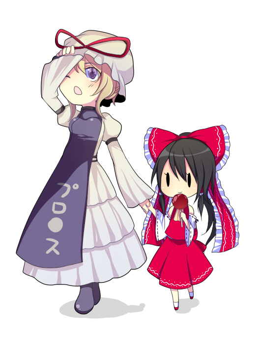 harano, hakurei reimu, yakumo yukari, touhou, 2girls, arm up, bare shoulders, black hair, blonde hair, blue eyes, bow, chibi, detached sleeves, female focus, frilled bow, frills, hair bow, hat, hat ribbon, height difference, holding hands, hollow eyes, long hair, multiple girls, one eye closed, open mouth, ponytail, ribbon, sidelocks, simple background, very long hair, white background