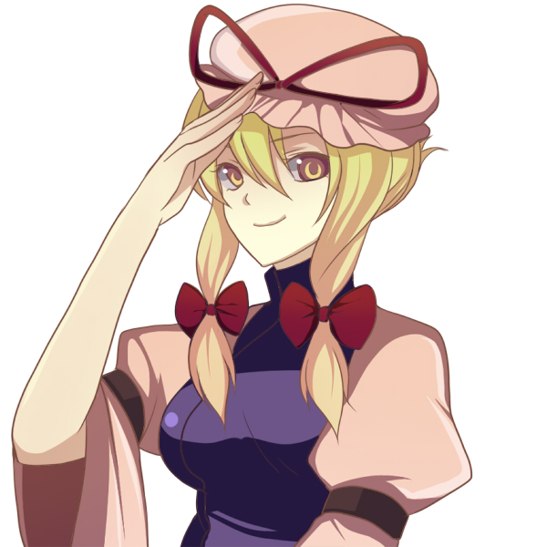 harano, yakumo yukari, touhou, 1girl, blonde hair, bow, female focus, hair bow, hair up, looking at viewer, salute, simple background, smile, solo, upper body, yellow eyes