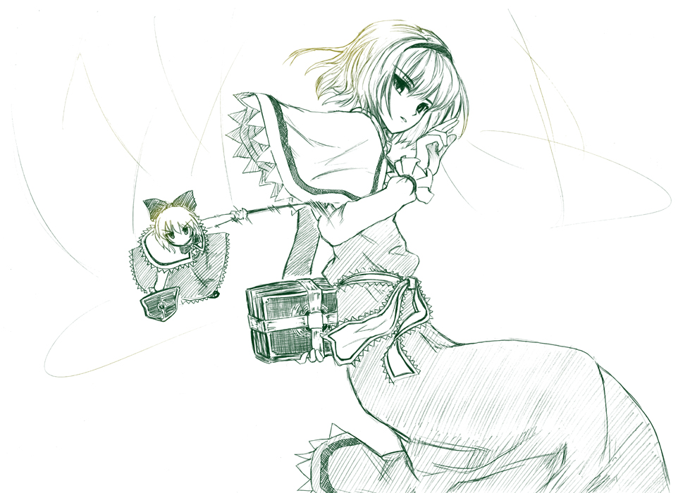himeno suika, alice margatroid, shanghai doll, touhou, 1girl, female focus, green theme, monochrome, short hair, solo