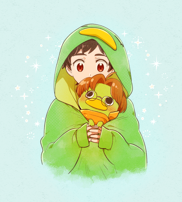 hysd, jinnai enta, yasaka kazuki, sarazanmai, 1boy, bandana, blue background, blush, brown eyes, brown hair, cropped torso, holding, hood, hood up, kappa, kappa costume, long sleeves, male focus, orange bandana, round eyewear, short hair, simple background, sparkle