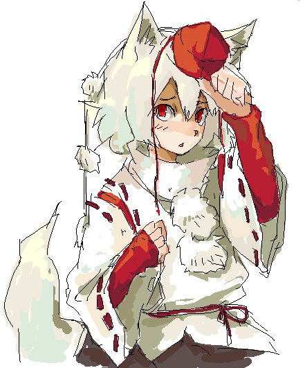 kasa (hitori sanka), inubashiri momiji, touhou, 1girl, animal ear fluff, animal ears, female focus, hat, layered sleeves, oekaki, red eyes, red hat, simple background, solo, tail, tokin hat, white background, white hair, wolf ears
