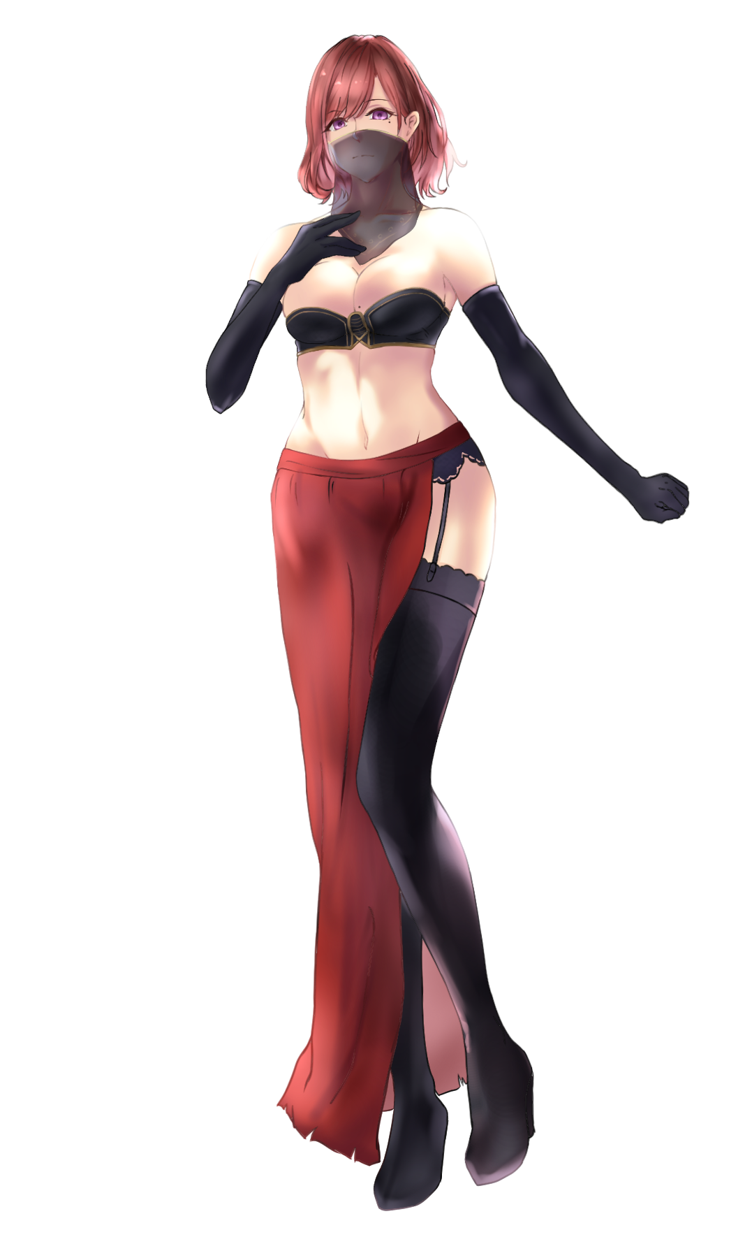 yosshi master, desert sorceress, higuchi madoka, dark souls (series), dark souls ii, idolmaster, idolmaster shiny colors, commentary request, highres, 1girl, black thighhighs, black tube top, breasts, brown hair, cleavage, closed mouth, cosplay, desert sorceress (cosplay), elbow gloves, full body, garter straps, gloves, looking at viewer, medium breasts, midriff, mole, mole on breast, mole under eye, mouth veil, navel, purple eyes, red skirt, short hair, simple background, skirt, solo, standing, strapless, thighhighs, tube top, veil, white background