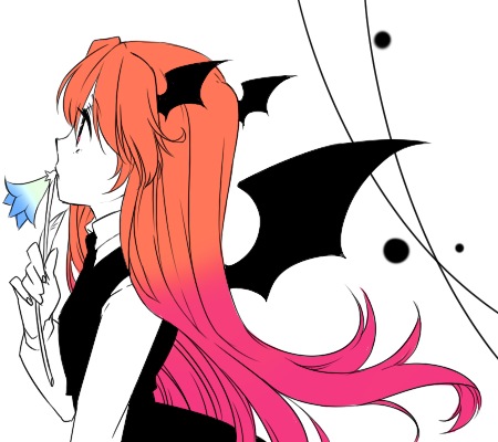 chigo, koakuma, embodiment of scarlet devil, touhou, lowres, 1girl, female focus, flower, head wings, long hair, plant, red hair, solo, standing, upper body, white background, wings