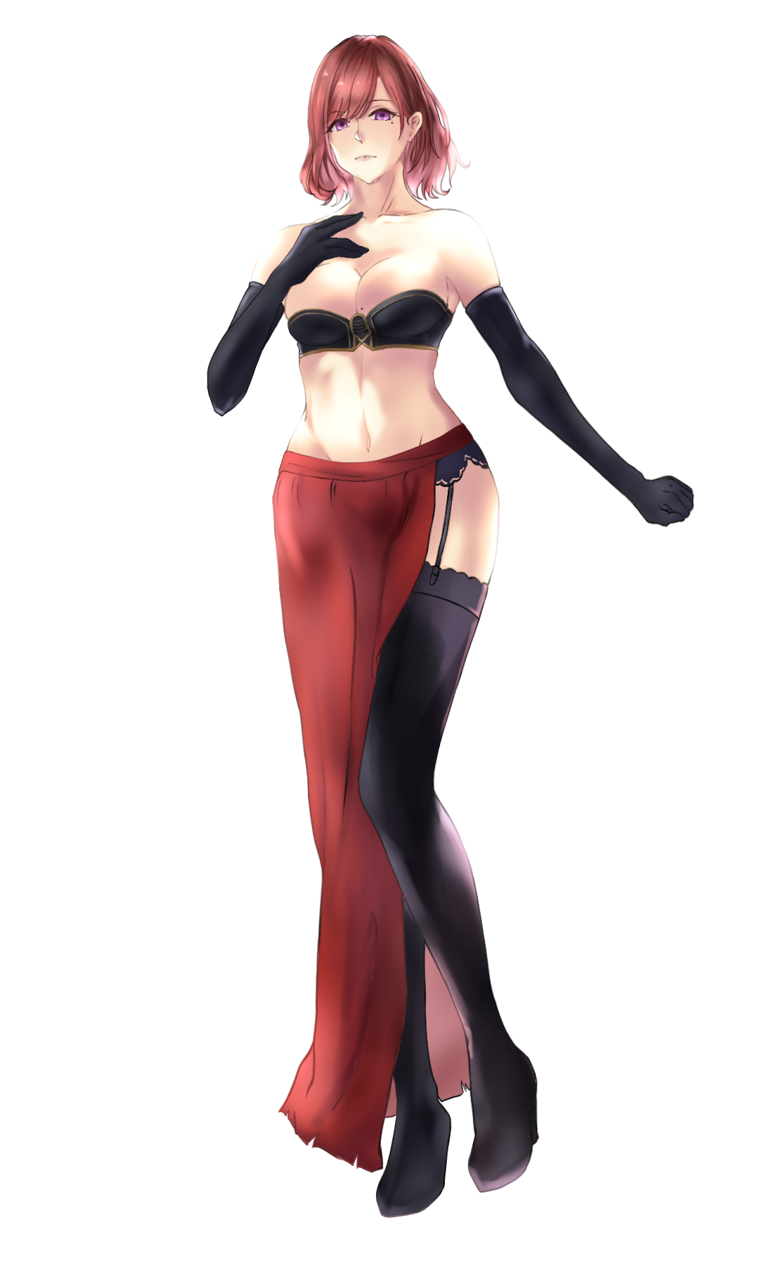 yosshi master, desert sorceress, higuchi madoka, dark souls (series), dark souls ii, idolmaster, idolmaster shiny colors, commentary request, highres, 1girl, black thighhighs, black tube top, breasts, brown hair, cleavage, closed mouth, cosplay, desert sorceress (cosplay), elbow gloves, full body, garter straps, gloves, looking at viewer, medium breasts, midriff, mole, mole on breast, mole under eye, navel, purple eyes, red skirt, short hair, simple background, skirt, solo, standing, strapless, thighhighs, tube top, white background