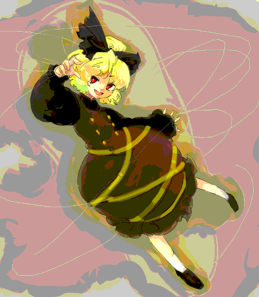 shikai (iesiki 56), kurodani yamame, touhou, 1girl, :d, blonde hair, blush, brown dress, dress, female focus, from behind, full body, long sleeves, looking at viewer, open mouth, red eyes, shikai, short hair, smile, solo
