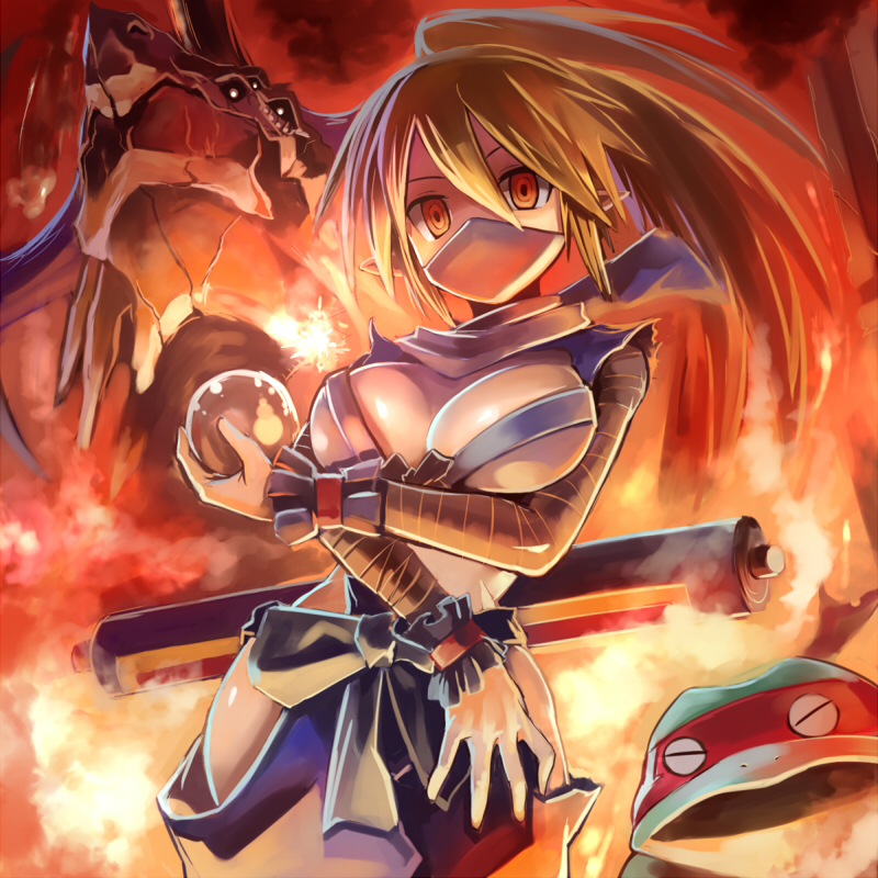 edobox, kunoichi (disgaea), ninja (disgaea), tsukikage, disgaea, makai senki disgaea 2, nippon ichi, prinny (series), prinny can i really be the hero?, prinny ~ore ga shujinkou de iinsuka?~, 1girl, bandages, black hair, blonde hair, breasts, cleavage, dragon, female focus, frog, half mask, large breasts, long hair, mask, ninja, orb, pointy ears, ponytail, prinny (seres), red eyes, solo