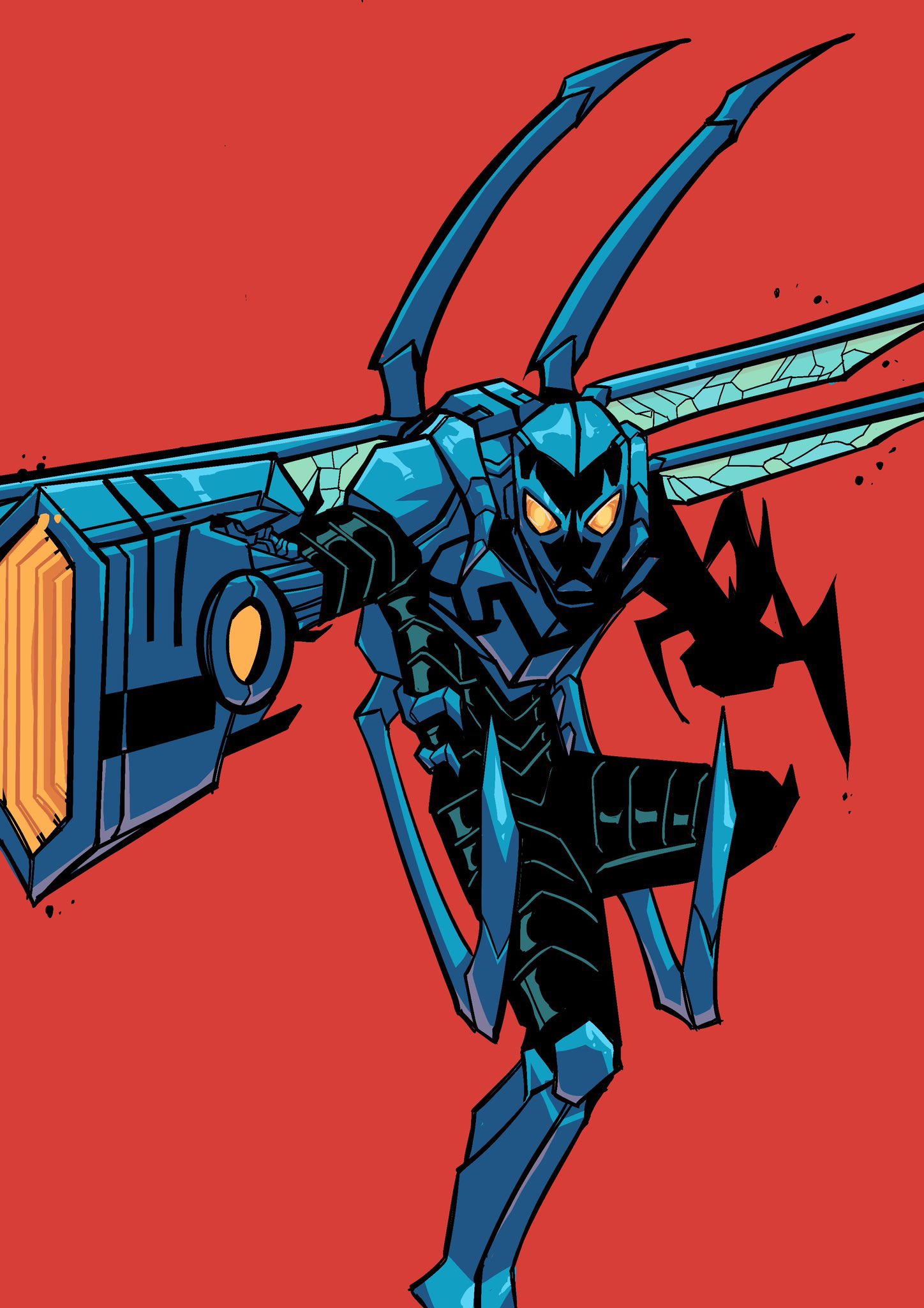 anakoly1, blue beetle, jaime reyes, dc comics, highres, 1boy, armor, armored bodysuit, bodysuit, clenched hands, gloves, looking at viewer, male focus, mask, mechanical wings, power armor, red background, simple background, solo, superhero costume, weapon, western comics (style), wings