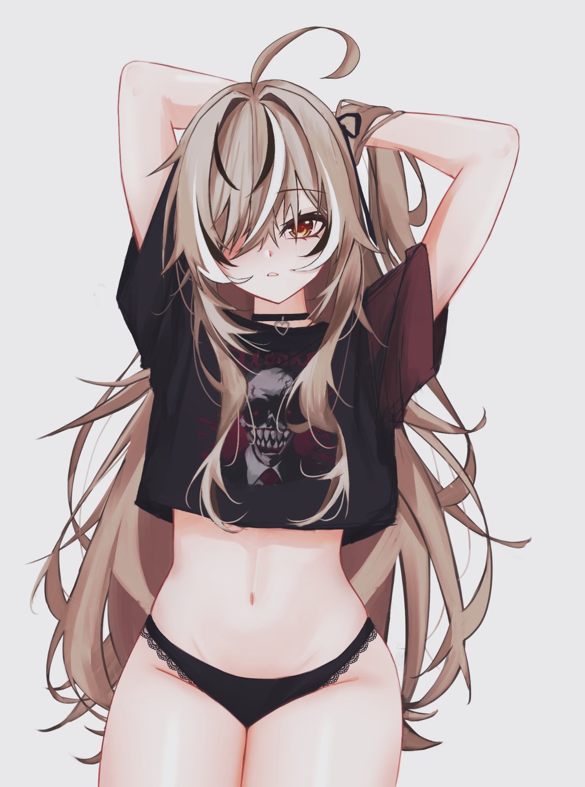 saltdcrmell, nanashi mumei, nanashi mumei (emo), nightmare (nanashi mumei), hololive, hololive english, commentary, highres, symbol-only commentary, 1girl, ahoge, arm behind head, black choker, black hair, black panties, black shirt, brown eyes, brown hair, choker, hair over one eye, hand in own hair, heart, lace, lace-trimmed panties, lace trim, long hair, looking at viewer, multicolored hair, navel, no pants, official alternate costume, one eye covered, panties, parted lips, pendant choker, shirt, short sleeves, simple background, sitting, solo, streaked hair, underwear, very long hair, virtual youtuber, white background, white hair