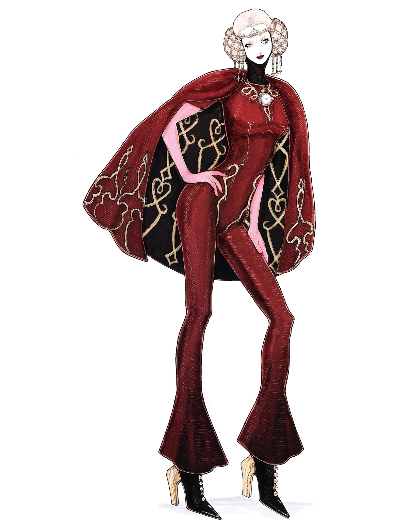 serinigalini, jeanne (bayonetta), bayonetta (series), bayonetta 1, commentary, highres, 1girl, bell-bottoms, black shoes, blonde hair, blue eyes, bodysuit, breasts, cape, closed mouth, double bun, full body, hair bun, hand on own hip, hand on own thigh, high heels, lipstick, looking at viewer, makeup, medium breasts, pants, red bodysuit, red cape, red lips, shoes, simple background, smile, solo, standing, white background