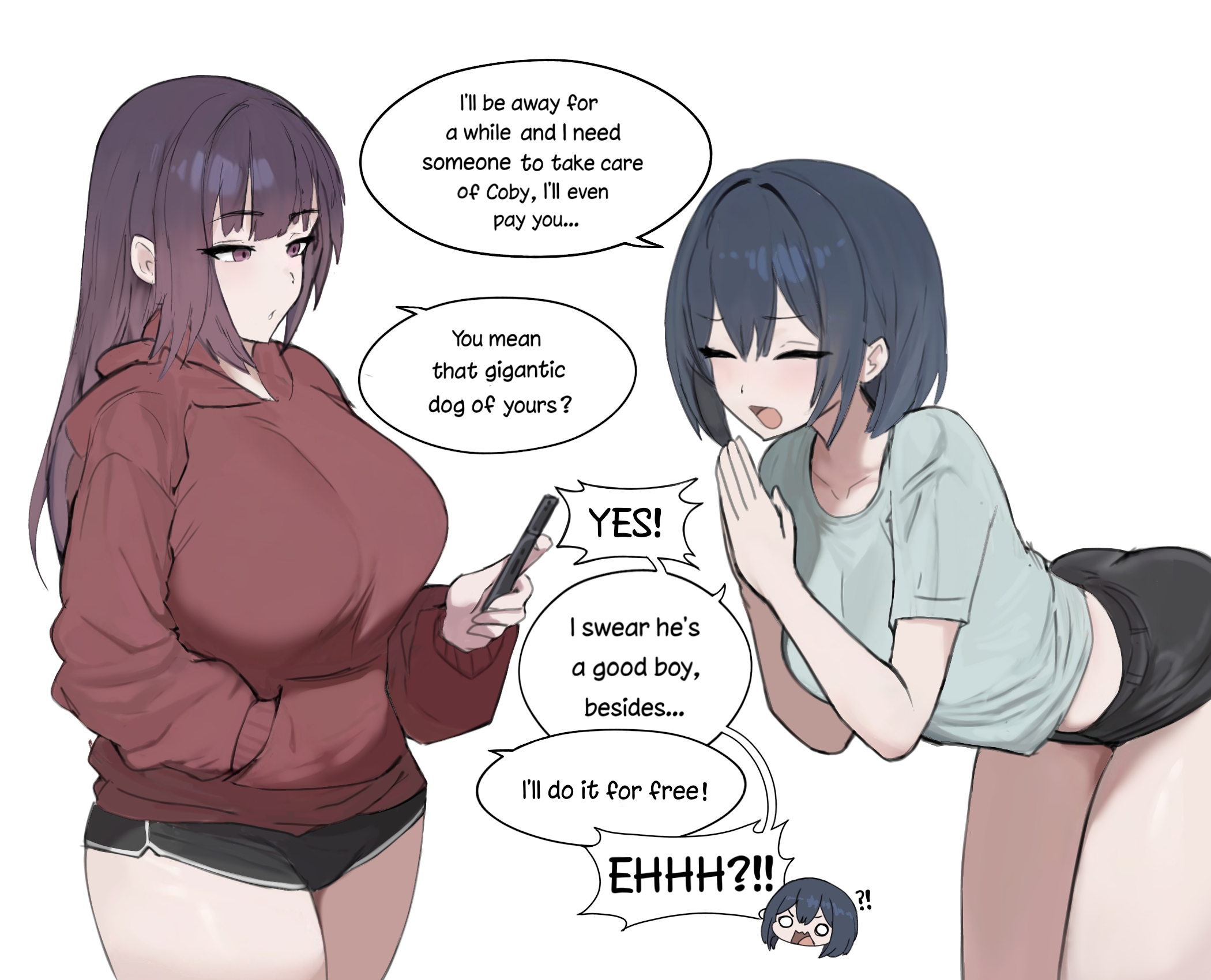 neoxius, original, commentary, english commentary, highres, 2girls, begging, bent over, black hair, black shorts, breasts, brown hair, closed eyes, collarbone, english text, green shirt, hair between eyes, hood, hood down, hoodie, large breasts, long hair, medium hair, multiple girls, open mouth, red hoodie, shirt, short shorts, shorts, speech bubble, standing, t-shirt, talking