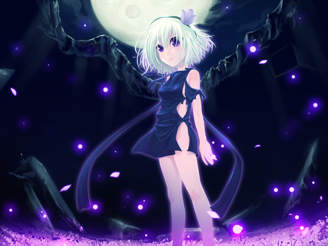caryo, takeda yukimura, ren (fragile), fragile, fragile: sayonara tsuki no haikyo, 1girl, female focus, flower, hair flower, hair ornament, hairband, moon, petals, purple eyes, short hair, solo, white hair