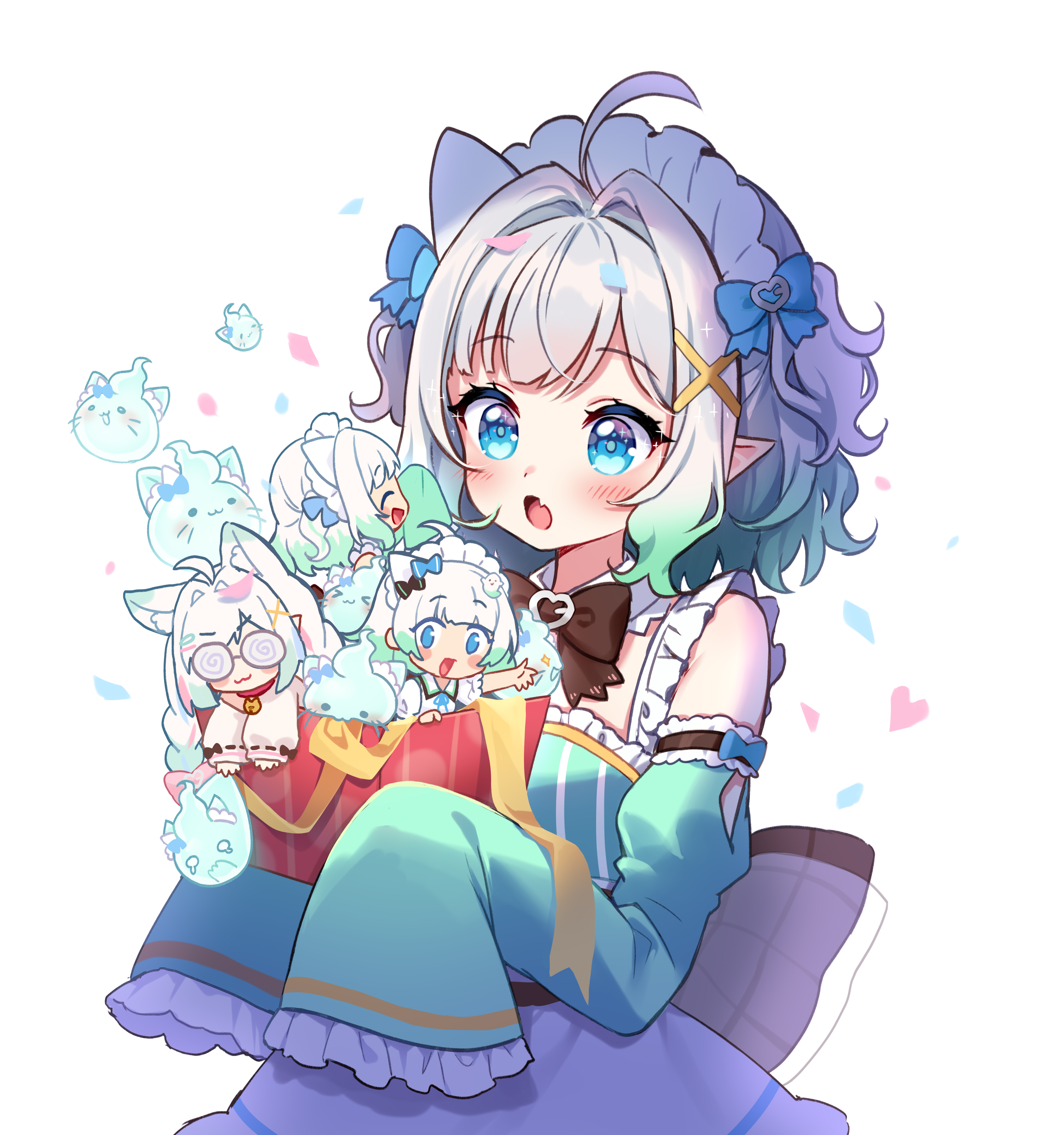 moorina, mint fantome, mint fantome (minto 1.0), mint fantome (minto 2.0), mint fantome (otaku), wisps (mint fantome), indie virtual youtuber, absurdres, commentary, english commentary, highres, 4girls, :3, ahoge, animal ears, apron, aqua hair, birthday, blue bow, blue eyes, blush, bow, bowtie, box, brown bow, brown bowtie, chibi, coke-bottle glasses, collar, detached collar, detached sleeves, dress, fang, frilled apron, frilled collar, frilled sleeves, frills, ghost, gift, gift box, glasses, gradient hair, green apron, green sleeves, grey hair, hair bow, hair intakes, hair ornament, holding, holding gift, kemonomimi mode, long sleeves, maid, maid headdress, mini person, minigirl, multicolored hair, multiple girls, multiple persona, official alternate costume, official alternate hairstyle, open mouth, pointy ears, simple background, skin fang, sleeves past fingers, sleeves past wrists, virtual youtuber, waist bow, white background, x hair ornament