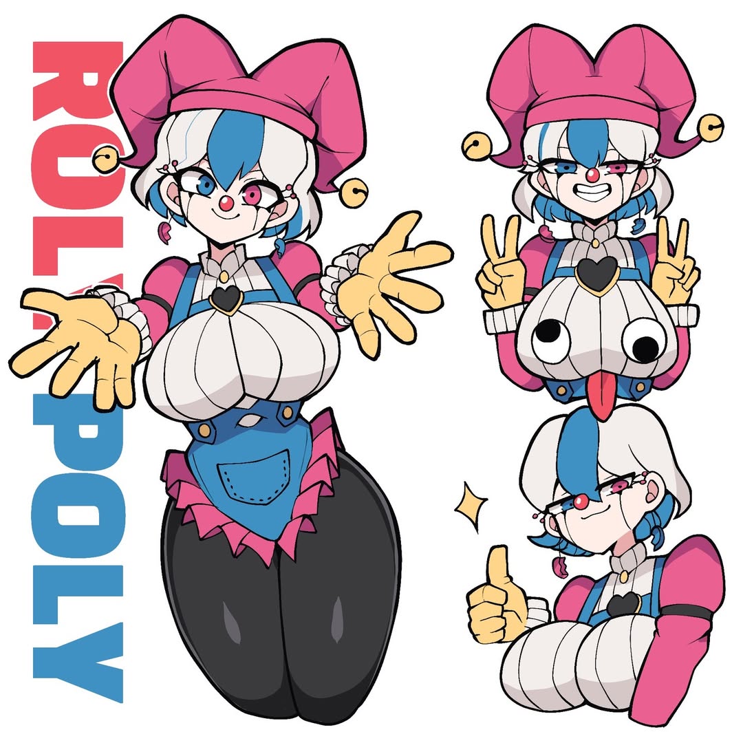 gashi-gashi, original, 1girl, bell, blue eyes, blue hair, breasts, clown, clown nose, cowboy shot, curvy, double-parted bangs, double v, earrings, english text, eyelashes, eyeliner, gloves, googly eyes, grin, hat, heterochromia, jester, jester cap, jewelry, large breasts, looking at viewer, makeup, overalls, pink eyes, pocket, short hair, simple background, smile, solo, thighs, thumbs up, tongue, v, white background, white hair, yellow gloves