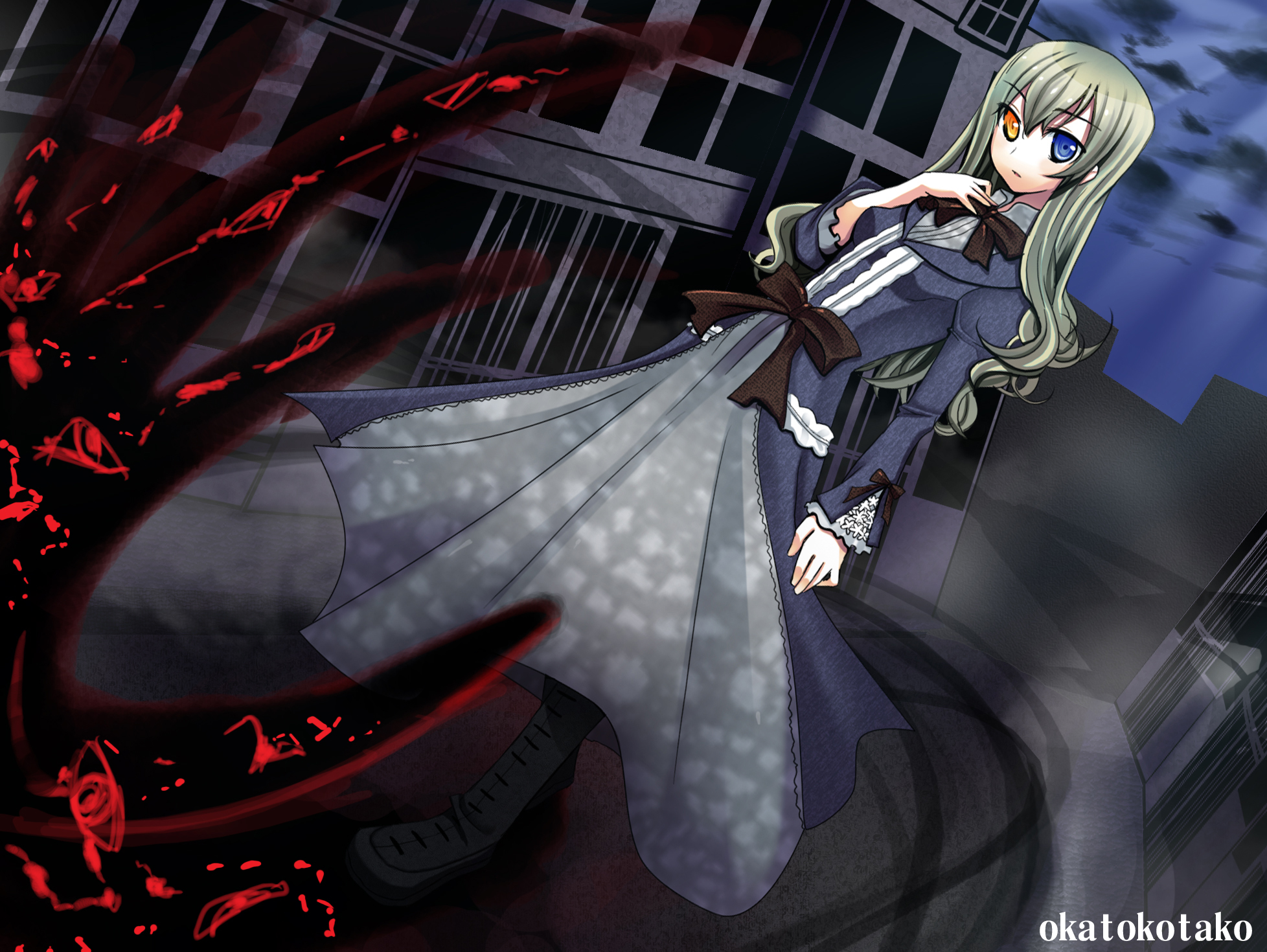 kotako (kotako), mary clarissa christie, shikkoku no sharnoth, steampunk (liarsoft), bad id, bad pixiv id, highres, blonde hair, bow, heterochromia, long hair, solo, waist bow