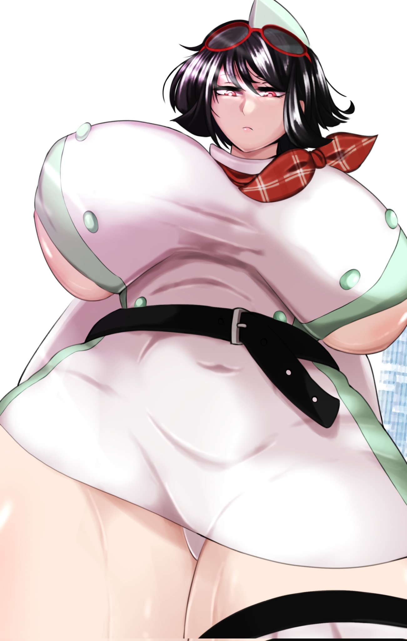 hudie jun, yuuki kanan, digimon, digimon story: time stranger, highres, alternate breast size (larger), arms behind back, belt, black hair, breasts, closed mouth, curvy, goggles, goggles on head, large breasts, looking down, medium hair, panties, red eyes, scarf, shiny skin, simple background, thick thighs, thighs, underwear, white background, white panties, wide hips
