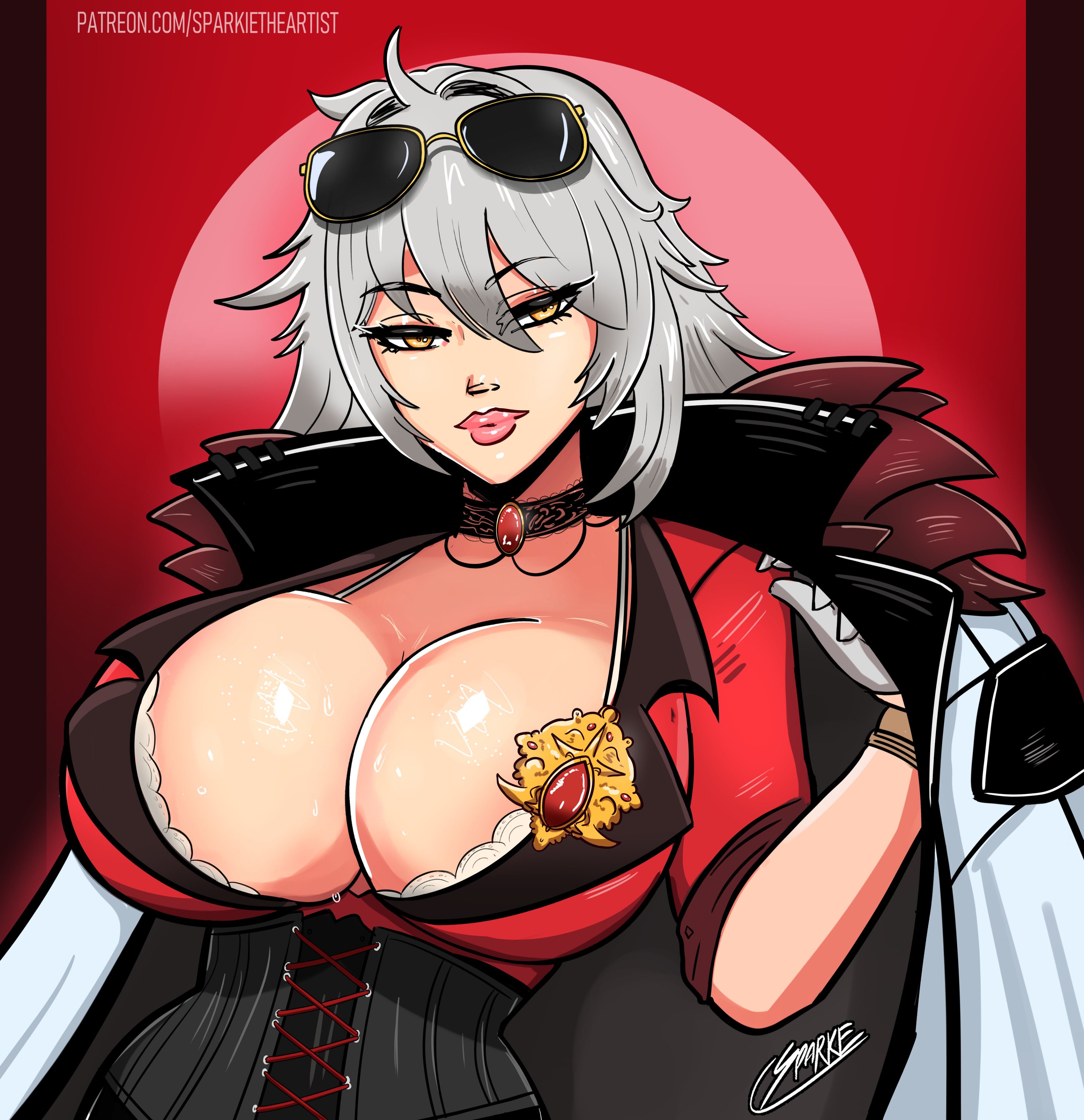sparkietheartist, zentreya, indie virtual youtuber, absurdres, highres, 1girl, breasts, choker, cleavage, coat, coat on shoulders, female focus, gloves, grey hair, huge breasts, lips, long hair, looking at viewer, solo, sunglasses, sweat, upper body, yellow eyes