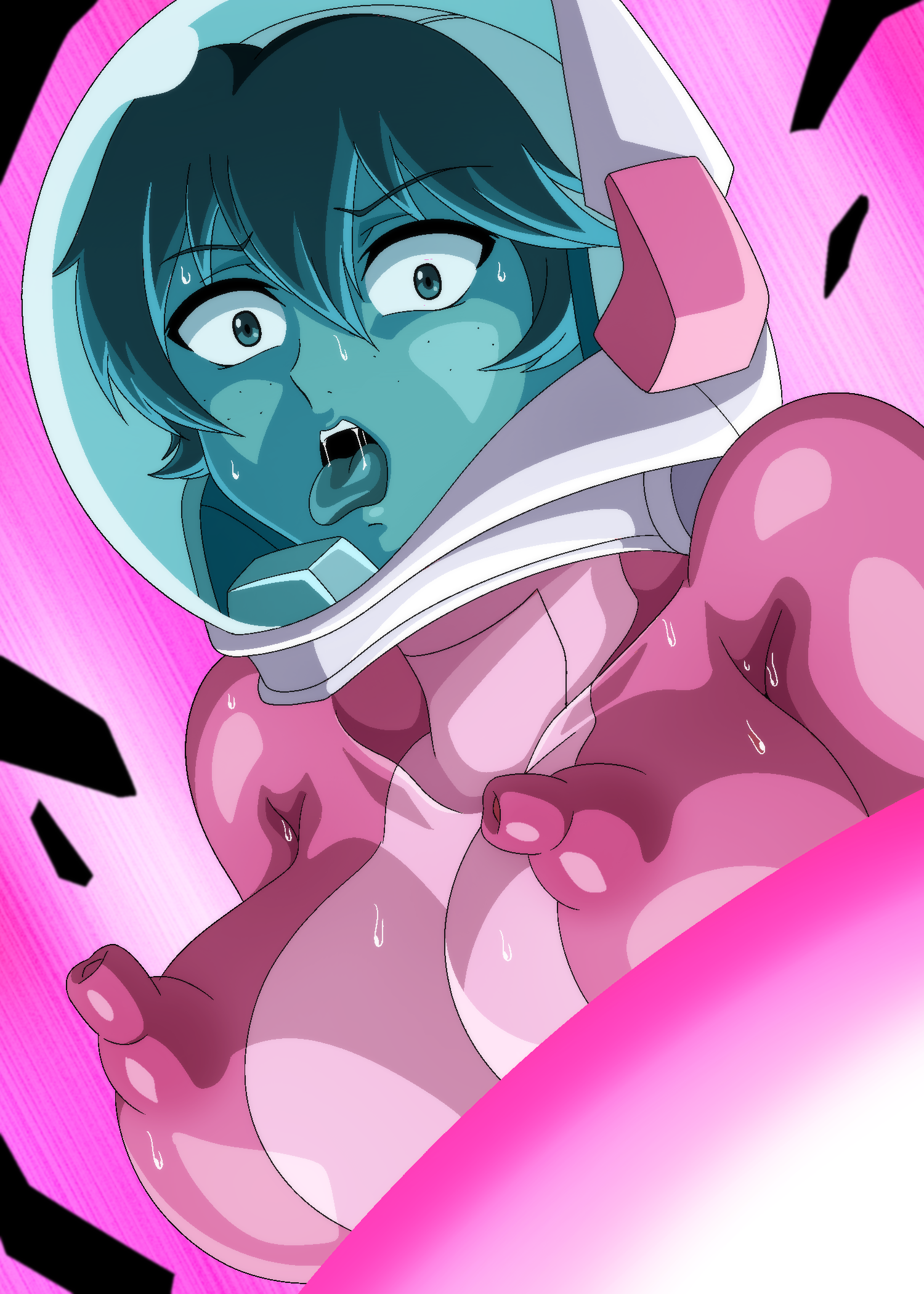 nena trinity, gundam, gundam 00, breasts, dying, explosion, freckles, imminent death, large breasts, mecha pilot suit, nipples, normal suit (gundam), ryona, tongue, tongue out