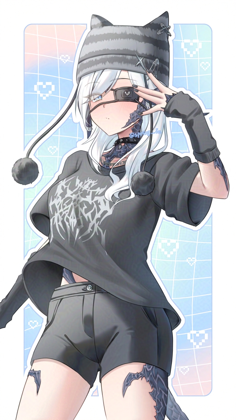 khr 39, warrior of light (ff14), final fantasy, final fantasy xiv, adversarial noise, highres, 1girl, arm warmers, au ra, black scales, black shorts, collar, dragon horns, dragon tail, eyepatch, grey eyes, grey hair, hat, horns, long hair, looking at viewer, shorts, solo, spiked collar, spikes, tail