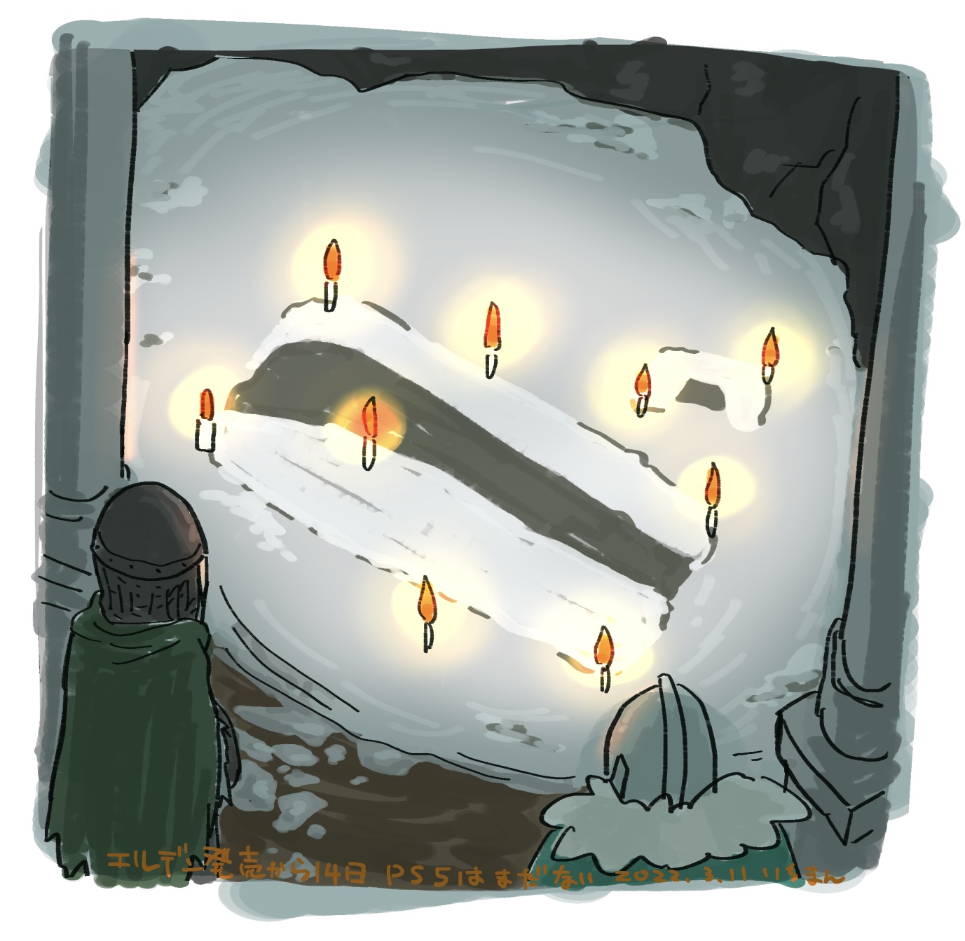 bearer of the curse, dark souls (series), dark souls ii, commentary request, highres, translation request, 1boy, 1other, border, cale the cartographer, candle, cape, column, dualsense, from above, game console, green cape, helm, helmet, i (1290117), pillar, playstation 5, playstation controller, snow, standing, upper body, white border