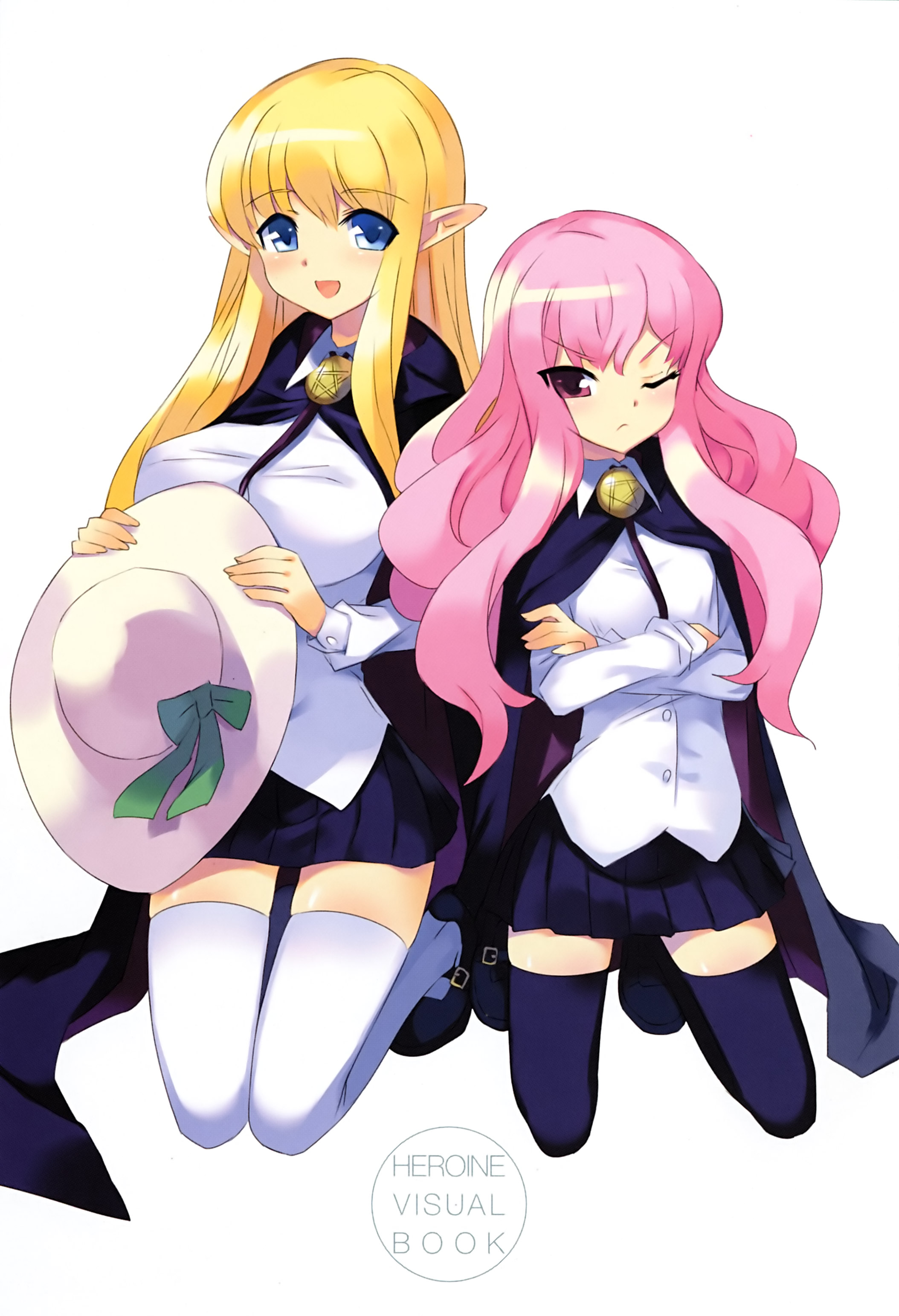 usatsuka eiji, louise francoise le blanc de la valliere, tiffania westwood, zero no tsukaima, absurdres, highres, 00s, 2girls, blonde hair, blue eyes, breasts, hat, huge breasts, kneeling, multiple girls, one eye closed, pentacle, pink eyes, pink hair, smile, thighhighs, wink