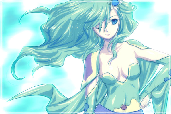 venuspunk, rydia (adult) (ff4), rydia (ff4), final fantasy, final fantasy iv, 1990s (style), 1girl, aged up, breasts, bridal gauntlets, cape, cleavage, female focus, green hair, medium breasts, one eye closed, retro artstyle, solo, wink
