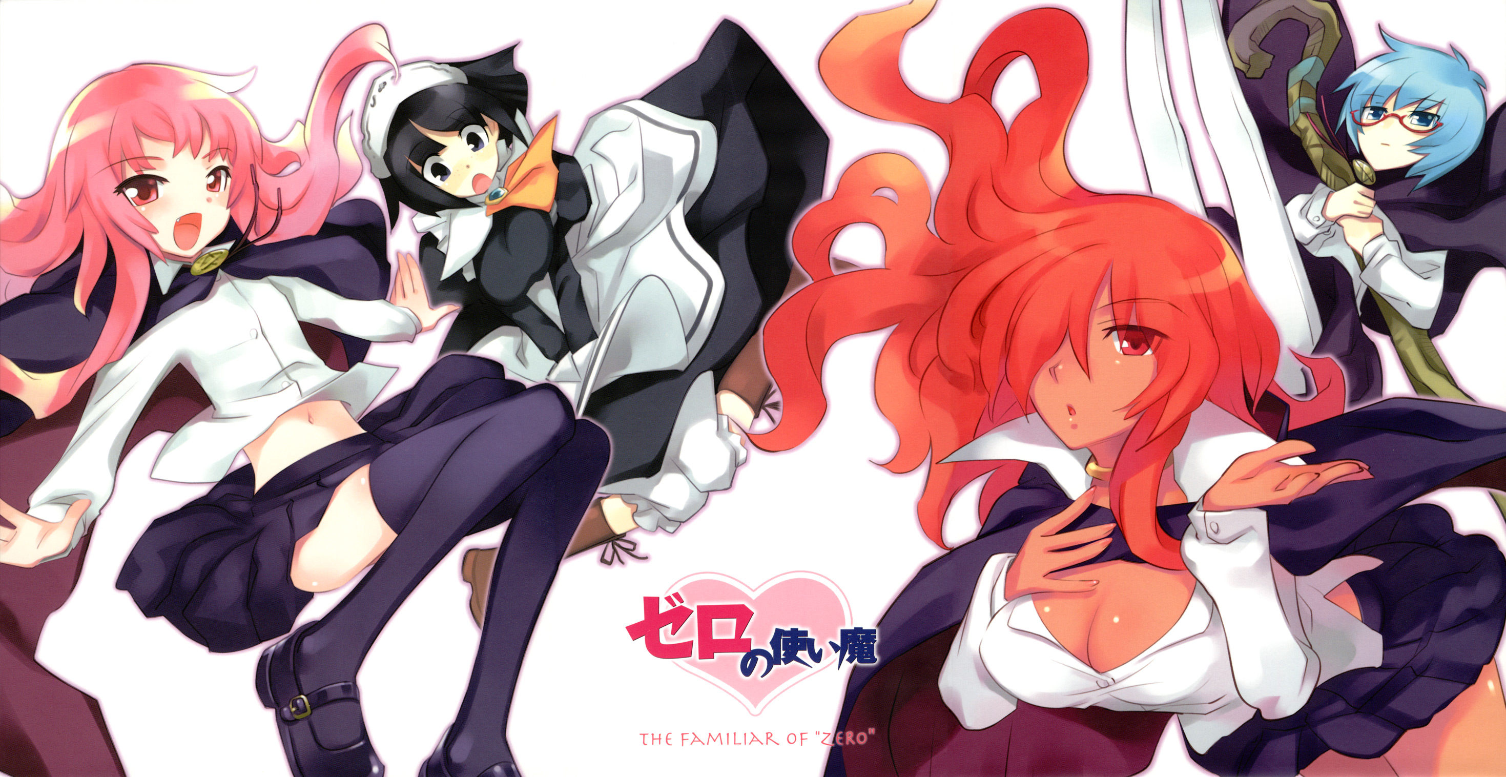usatsuka eiji, kirche augusta frederica von anhalt zerbst, louise francoise le blanc de la valliere, siesta (zero no tsukaima), tabitha (zero no tsukaima), zero no tsukaima, highres, 00s, 4girls, black hair, blue eyes, breasts, cape, cleavage, copyright name, dark-skinned female, dark skin, falling, glasses, hair over one eye, kiss, large breasts, long hair, long legs, multiple girls, pentacle, pink eyes, pink hair, red hair, short hair, skirt, small breasts, smile, staff, thighhighs