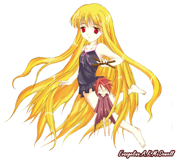 evangeline a.k. mcdowell, negi springfield, mahou sensei negima!, 00s, 1girl, bare shoulders, character doll, cloak, collarbone, detached sleeves, doll, female focus, long hair, looking at viewer, marionette, puppet, red eyes, red hair, simple background, solo, spiked hair, vampire, very long hair, white background