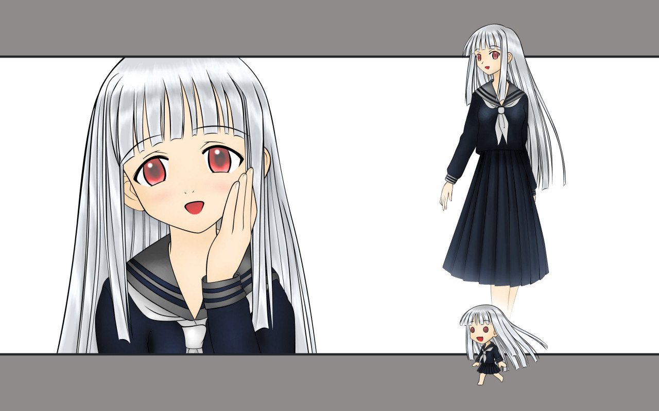 aisaka sayo, mahou sensei negima!, silver hair, 00s, 1girl, blunt bangs, doll, ghost, hime cut, long hair, long skirt, red eyes, school uniform, serafuku, skirt