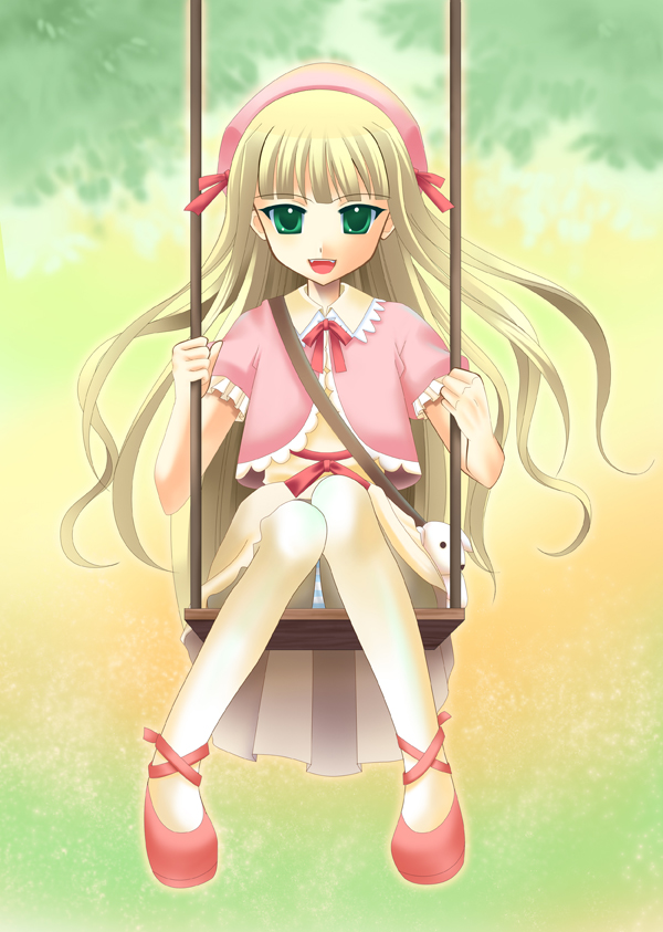 evangeline a.k. mcdowell, mahou sensei negima!, 00s, blonde hair, green eyes, long hair, on swing, panties, pantyshot, ribbon, sitting, skirt, solo, striped clothes, striped panties, swing, underwear, vampire