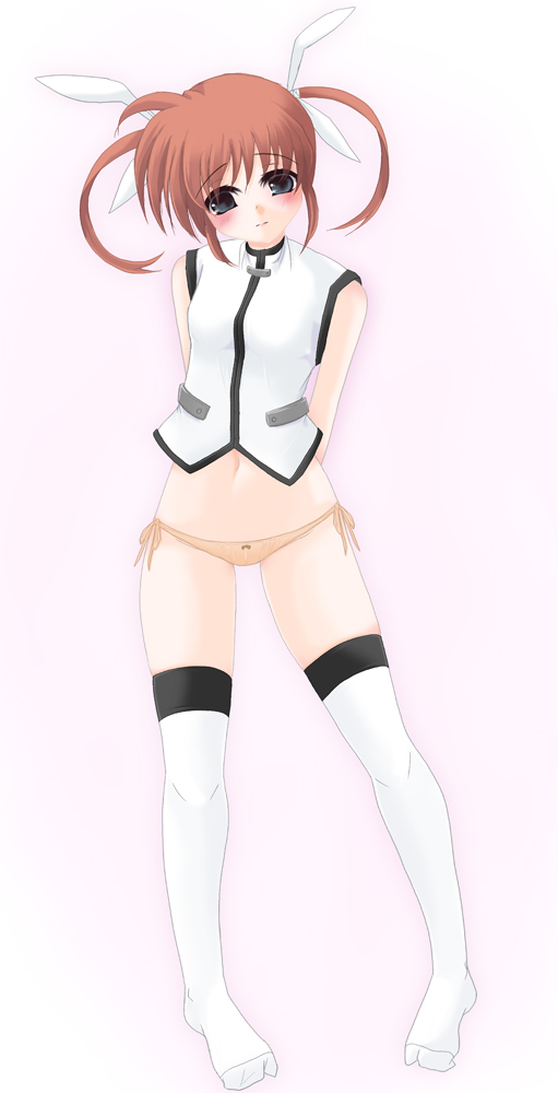 frapowa, takamachi nanoha, lyrical nanoha, mahou shoujo lyrical nanoha, 00s, 1girl, arms behind back, bare shoulders, blush, brown hair, brown panties, female focus, looking at viewer, panties, pink background, red eyes, simple background, solo, standing, twintails, underwear, vest